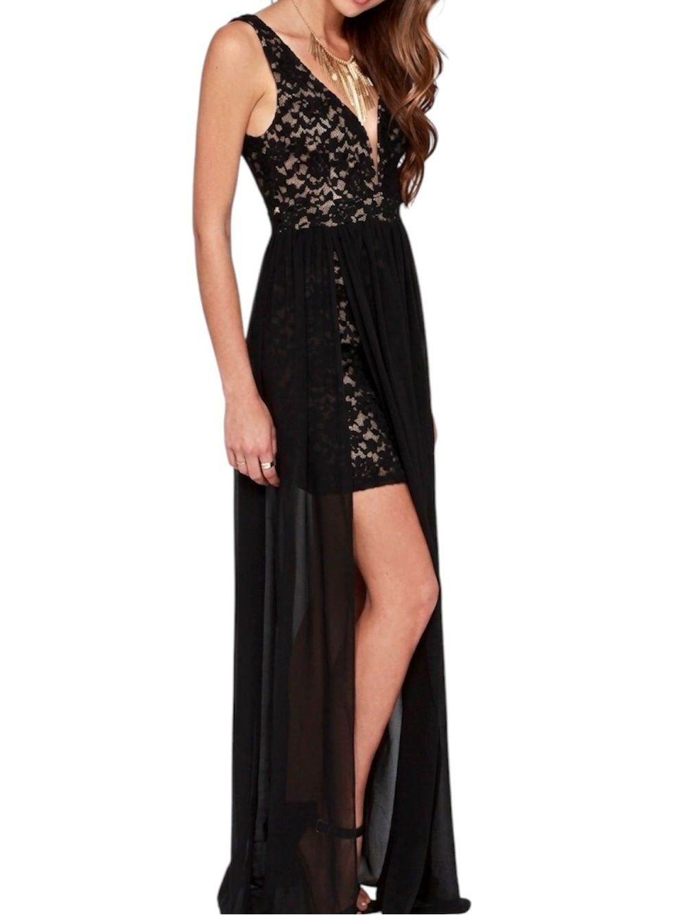 ANGL Black Lace Maxi Dress Sheer Chiffon Overlay Evening Gown M